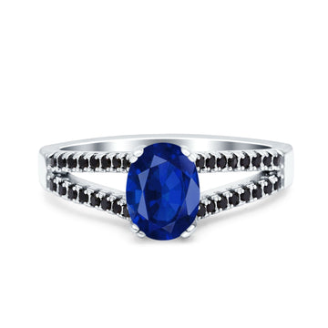 Split Shank Halo Oval Wedding Ring Black Simulated Blue Sapphire CZ 925 Sterling Silver